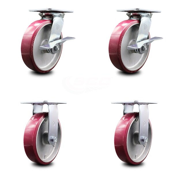 8 Inch Poly on Aluminum Caster Set with Ball Bearing 2 Brakes and 2 Rigid SCC